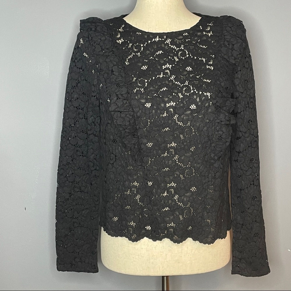 Zara Woman Black Ruffle Lace Long Sleeve Blouse